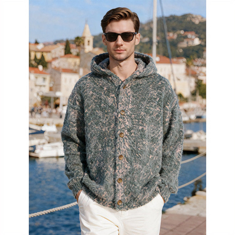 Damen Flauschige Kapuzen-Strickjacke mit Knopfleiste und melierter Bouclé-Optik Chichicherry