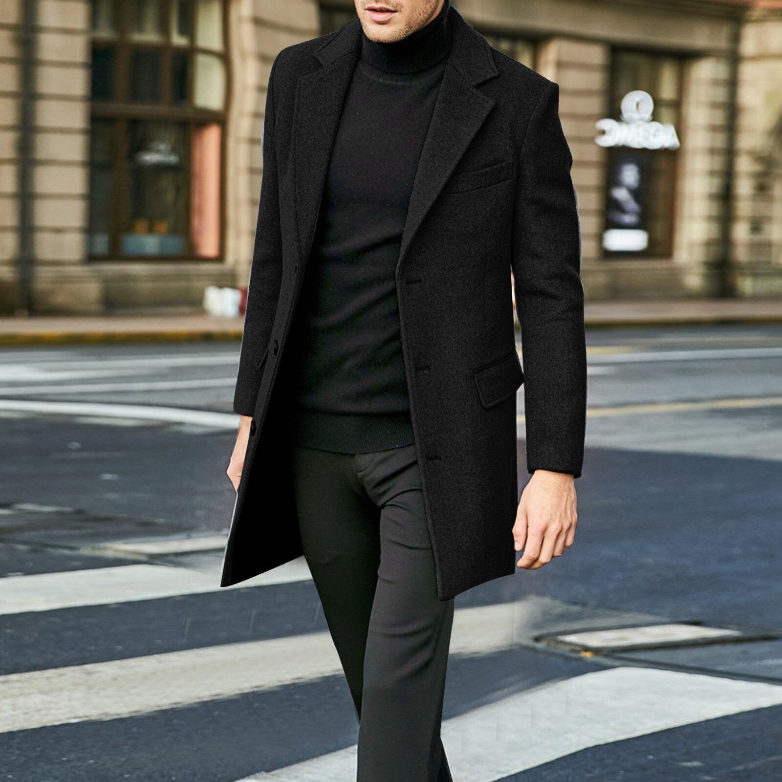Men's Elegant Wool Coat with Tailored City Cut, Notch Lapels and Flap Pockets Chichicherry