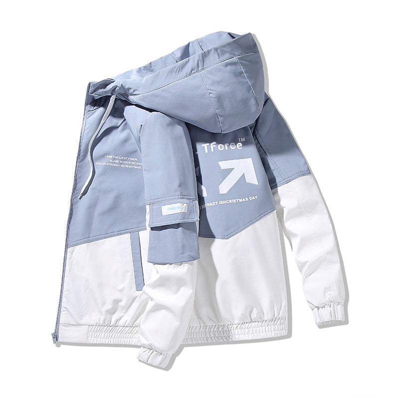 Men's Colorblock Hooded Utility Jacket with Print Details and Tactical Pockets Chichicherry