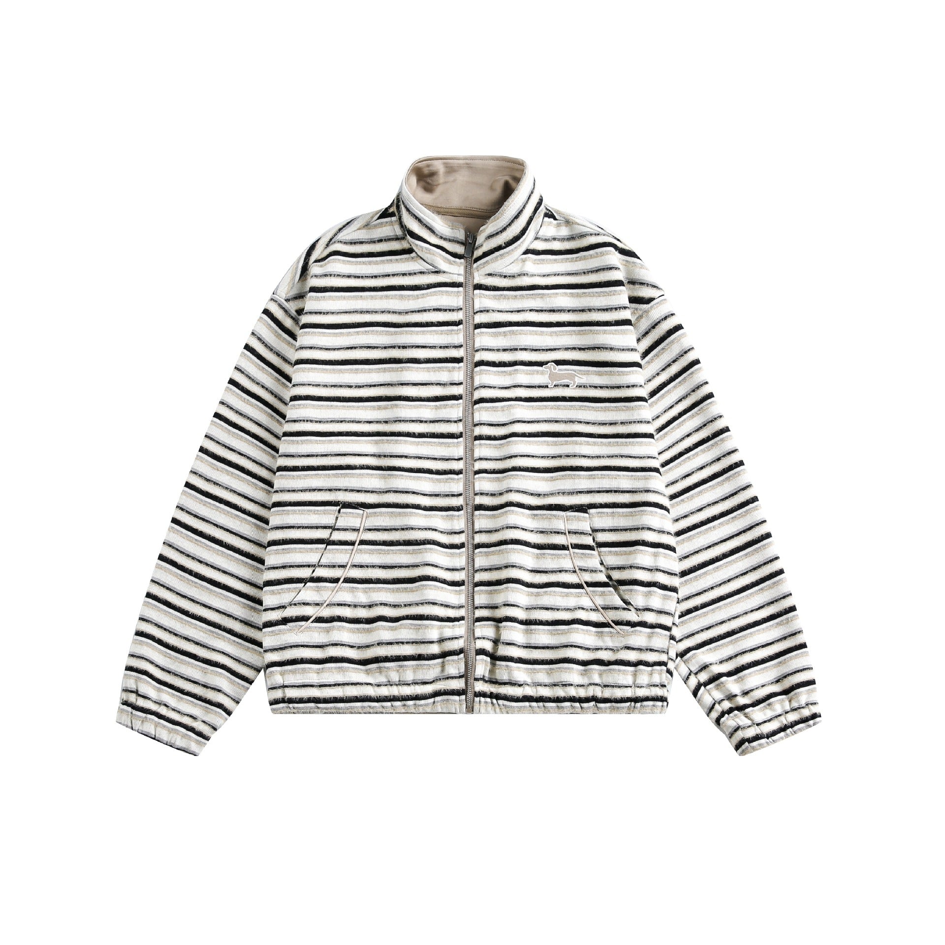 Women's Striped Sweat Jacket with Stand-Up Collar, Zipper and Elastic Hem