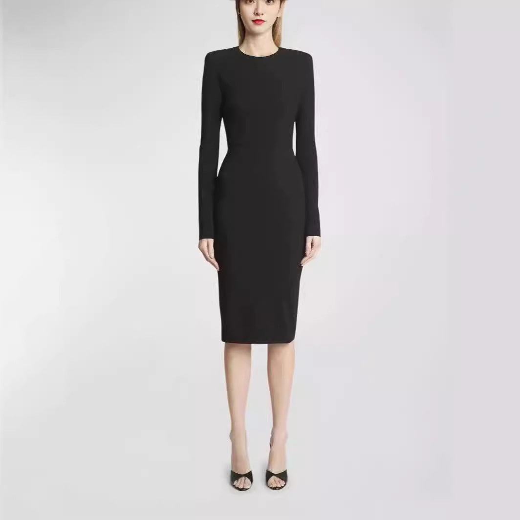 Women's Figure-hugging Midi Dress with Round Neckline and Long Sleeves Chichicherry