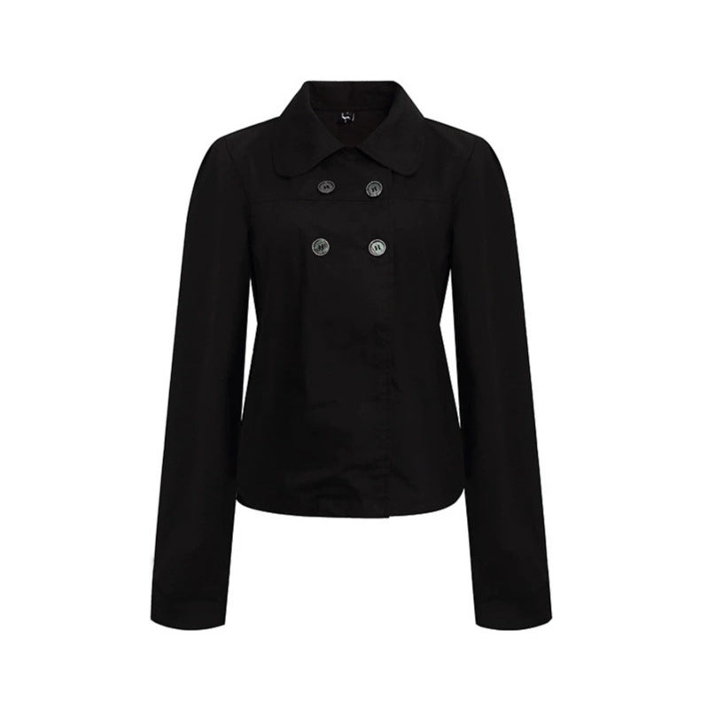 Women Tailored Lightweight Cotton Blouse Jacket with Round Collar and Double Button Row Chichicherry