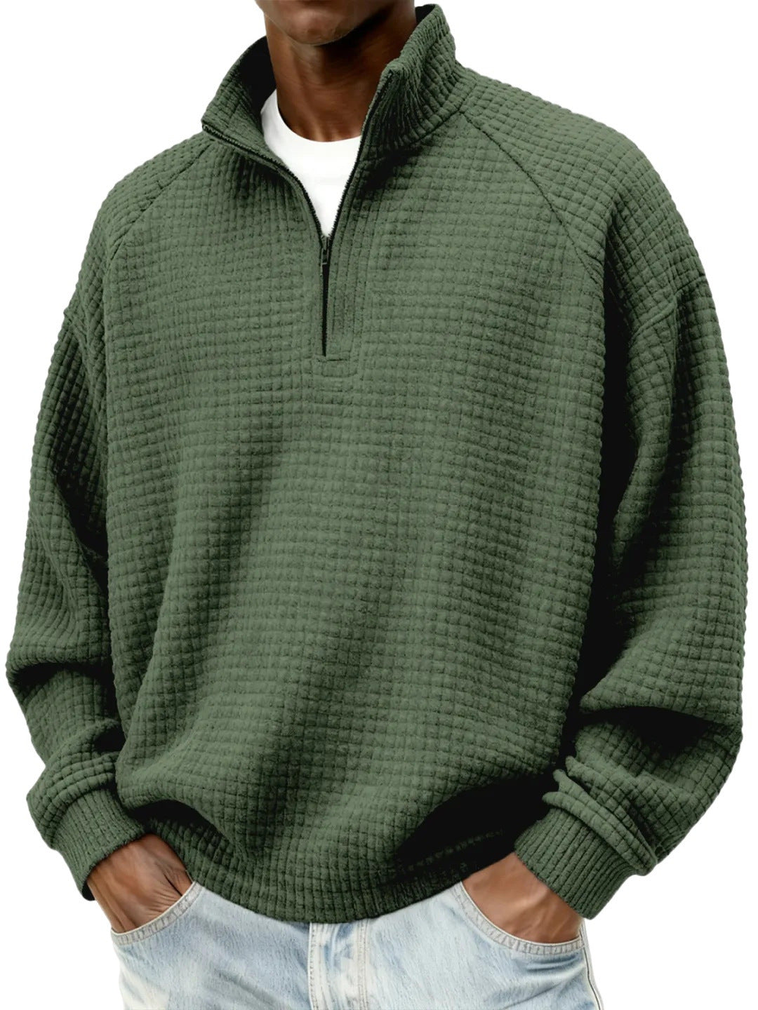 Men's Waffle Knit Oversized Sweater with Half-Zip and Stand-Up Collar Chichicherry