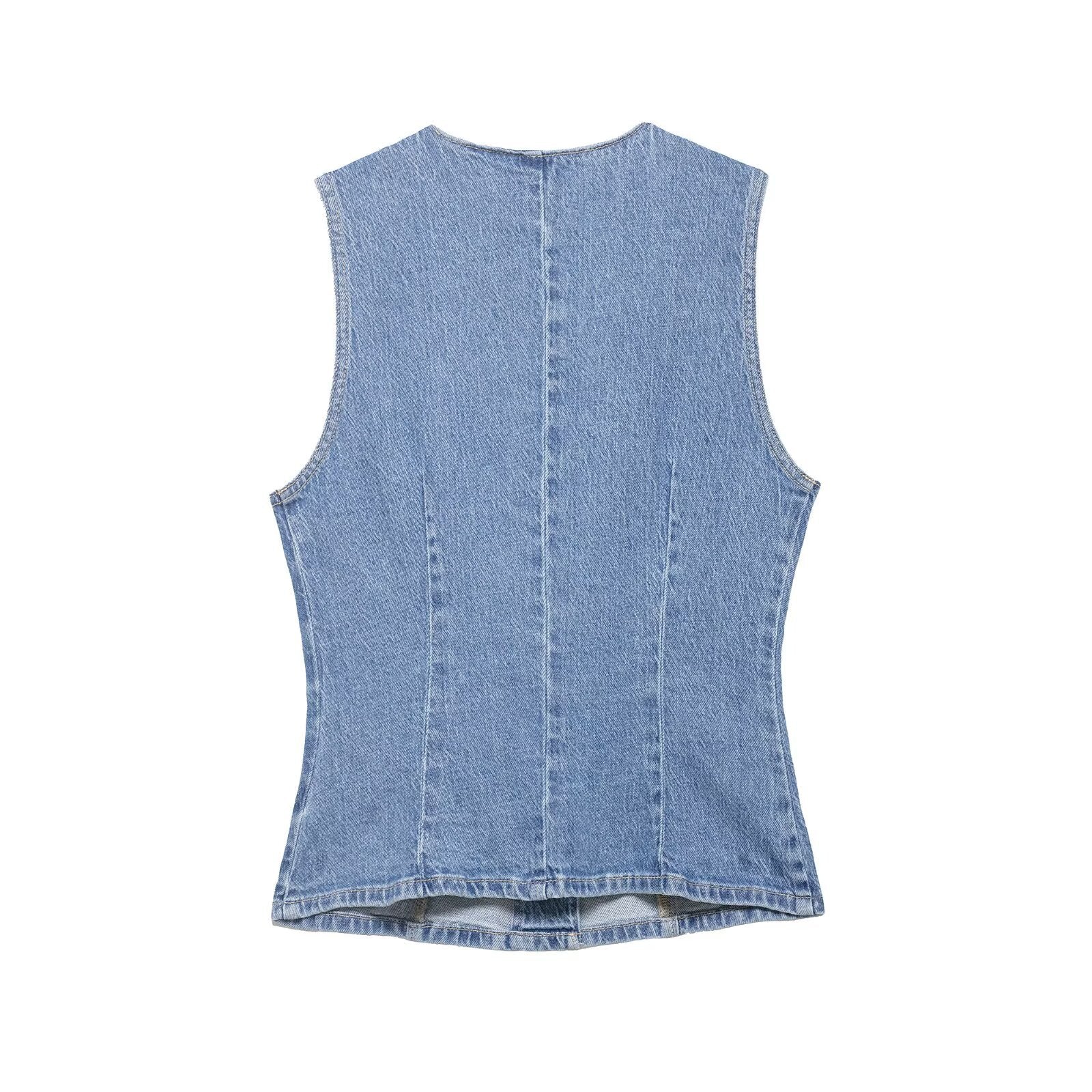 Women Tailored Denim Vest with Asymmetrical Button Placket and Princess Seams Chichicherry