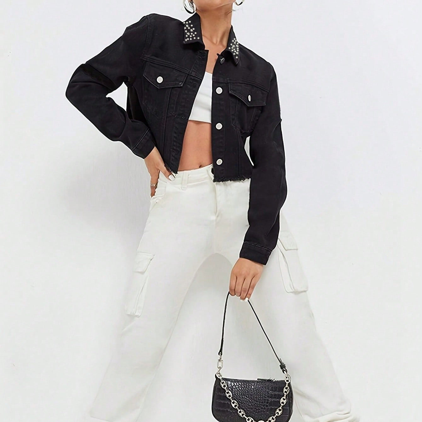 Women Cropped Denim Jacket with Beaded Collar and Raw Fringe Hem Chichicherry
