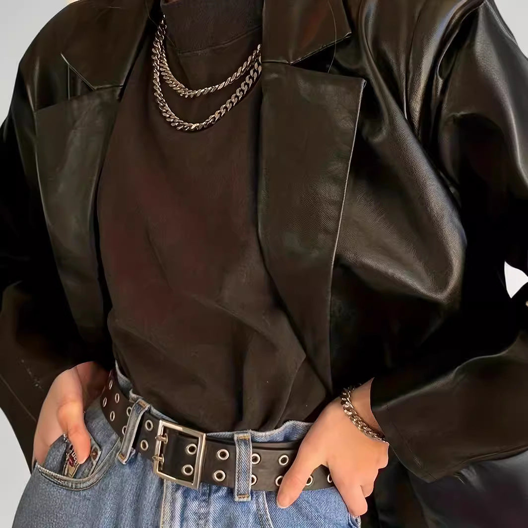 Women's Oversized Leather Look Blazer with Emphasized Shoulder Section and Glossy Finish Chichicherry