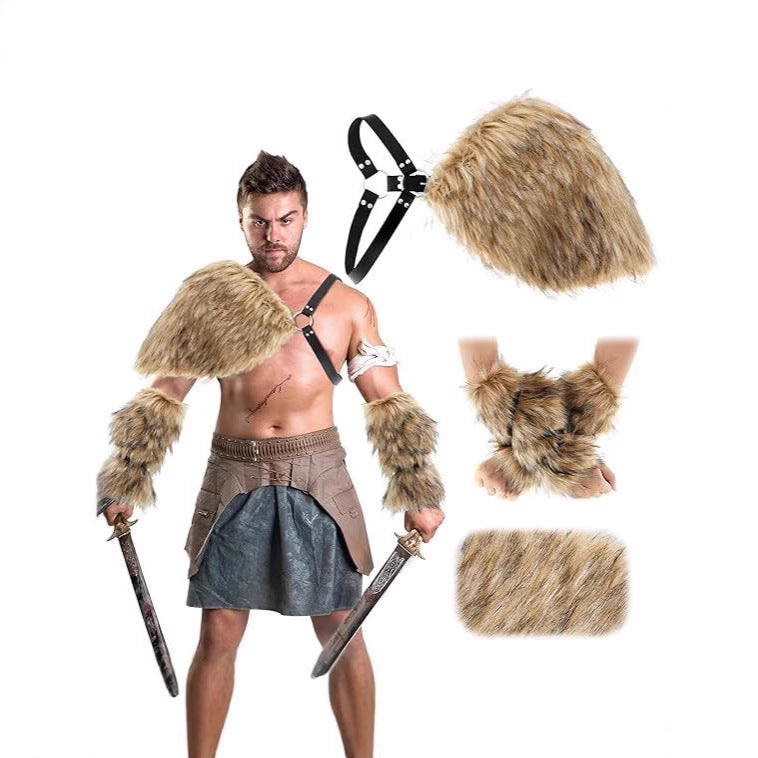 Men's Warrior Costume Accessory Set made of faux fur with shoulder drape, arm guards, and adjustable leather harness Chichicherry