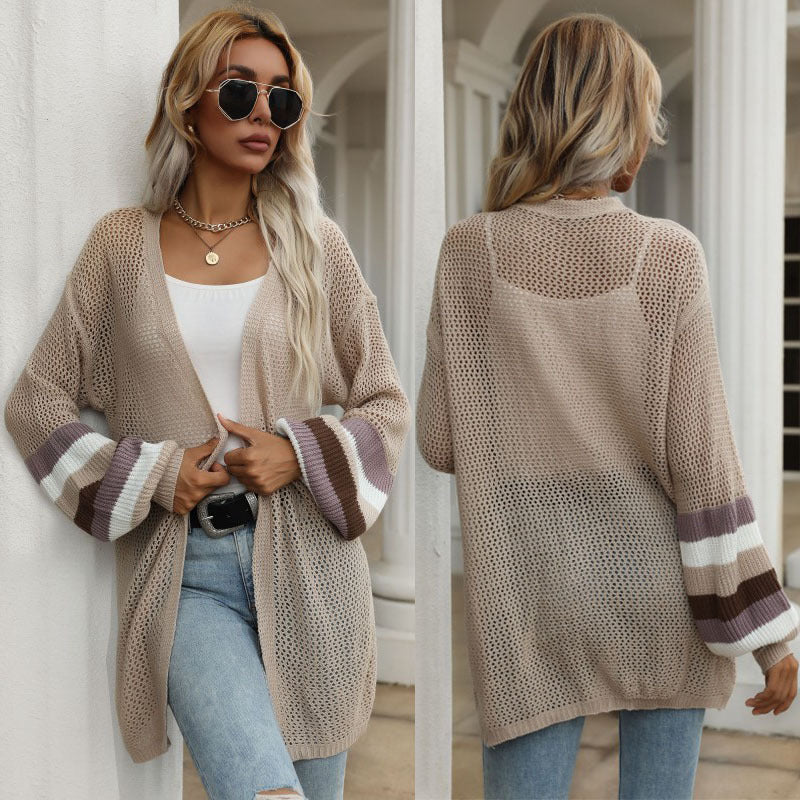 Women's Open Long Cardigan Knit Sweater with Openwork Knit, Balloon Sleeves and Striped Sleeve Fit Chichicherry