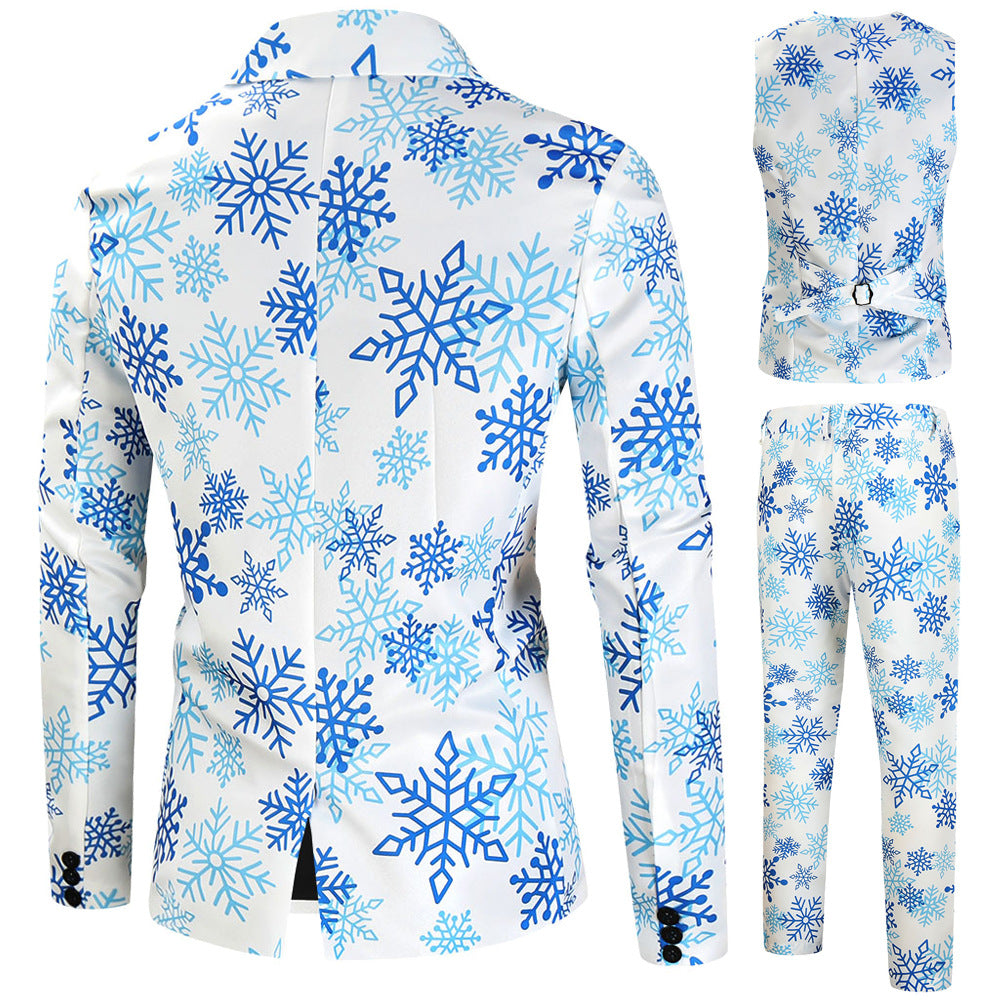 Men's Christmas three-piece suit set with jacket, vest, and trousers in all-over reindeer-tree pattern Chichicherry