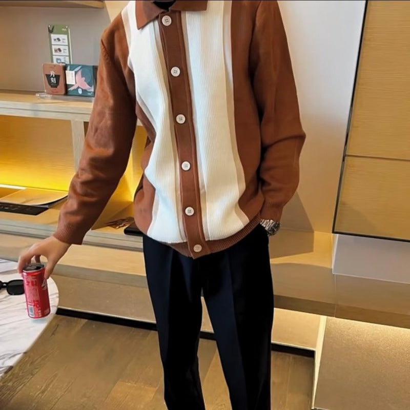 Damen Feinstrick-Cardigan mit Polokragen, kontrastierenden Rippeinsätzen und durchgehender Knopfleiste Chichicherry