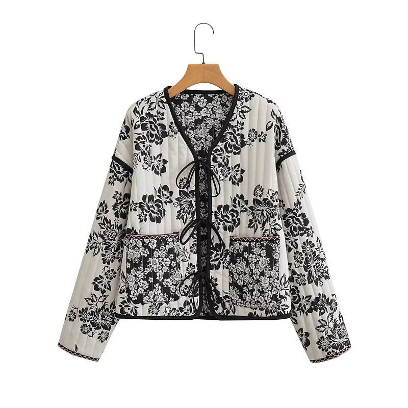 Women's Quilted Short Jacket with Floral Allover Print and Tie Ribbons Chichicherry