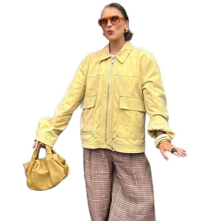 Women's Boxy-Canvas-Jacket with Zipper, Flap Pockets and Waist Drawstring Chichicherry