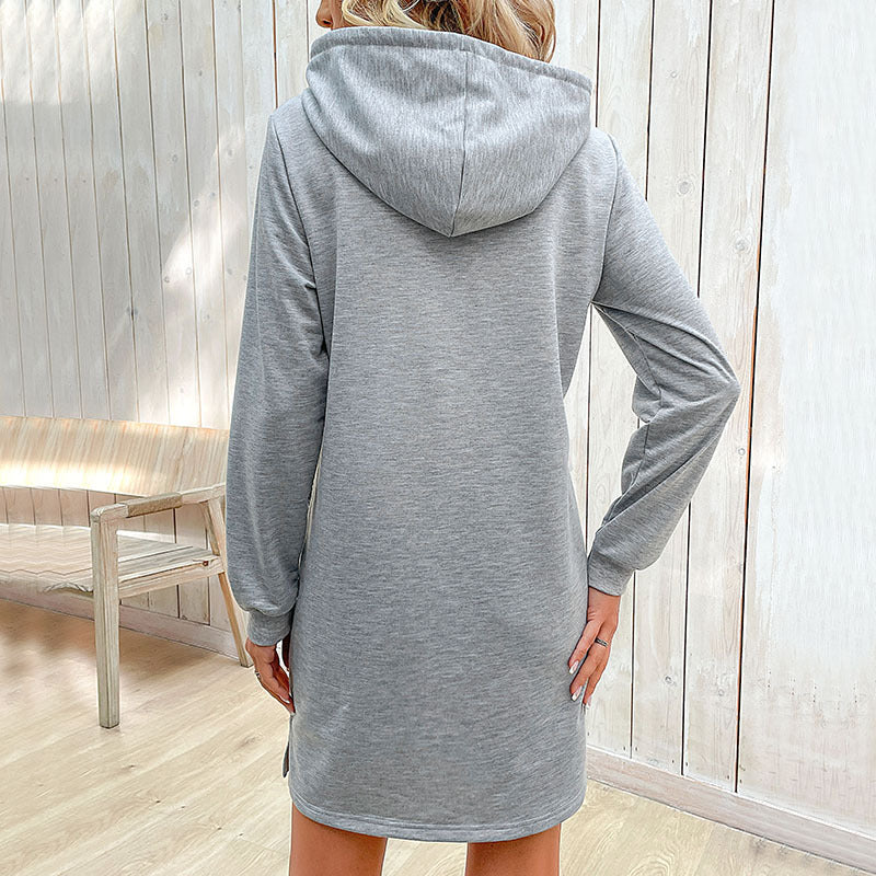 Women's hoodie dress in sweatshirt style with kangaroo pocket, striped drawstring, and casual tunic silhouette Chichicherry