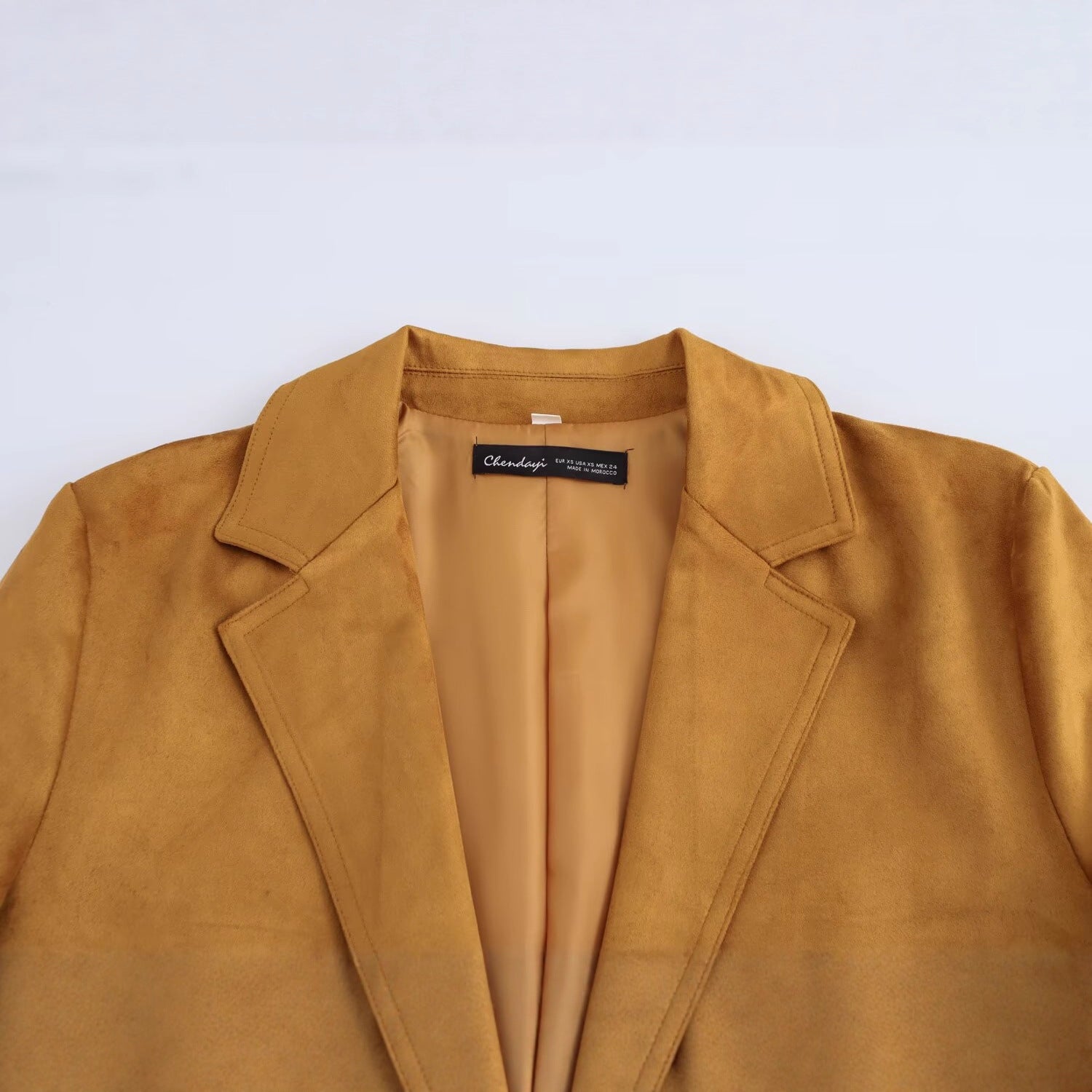 Women's Long Cut Suede Look Blazer with Notch Collar and Flap Pockets Chichicherry