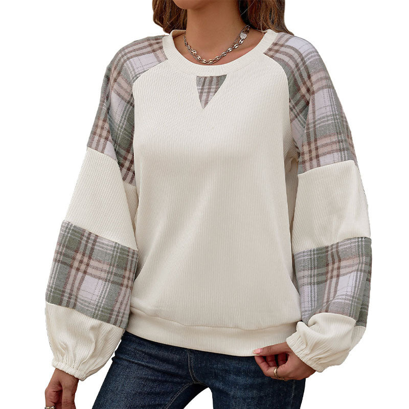 Women Oversize Long Sleeve with Checked Chiffon Raglan Sleeves and Gathered Cuffs Chichicherry