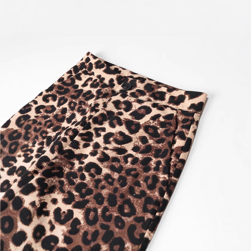 Ladies Wide High-Waist Palazzo Pants with Leopard Print and Flowing Fall Chichicherry