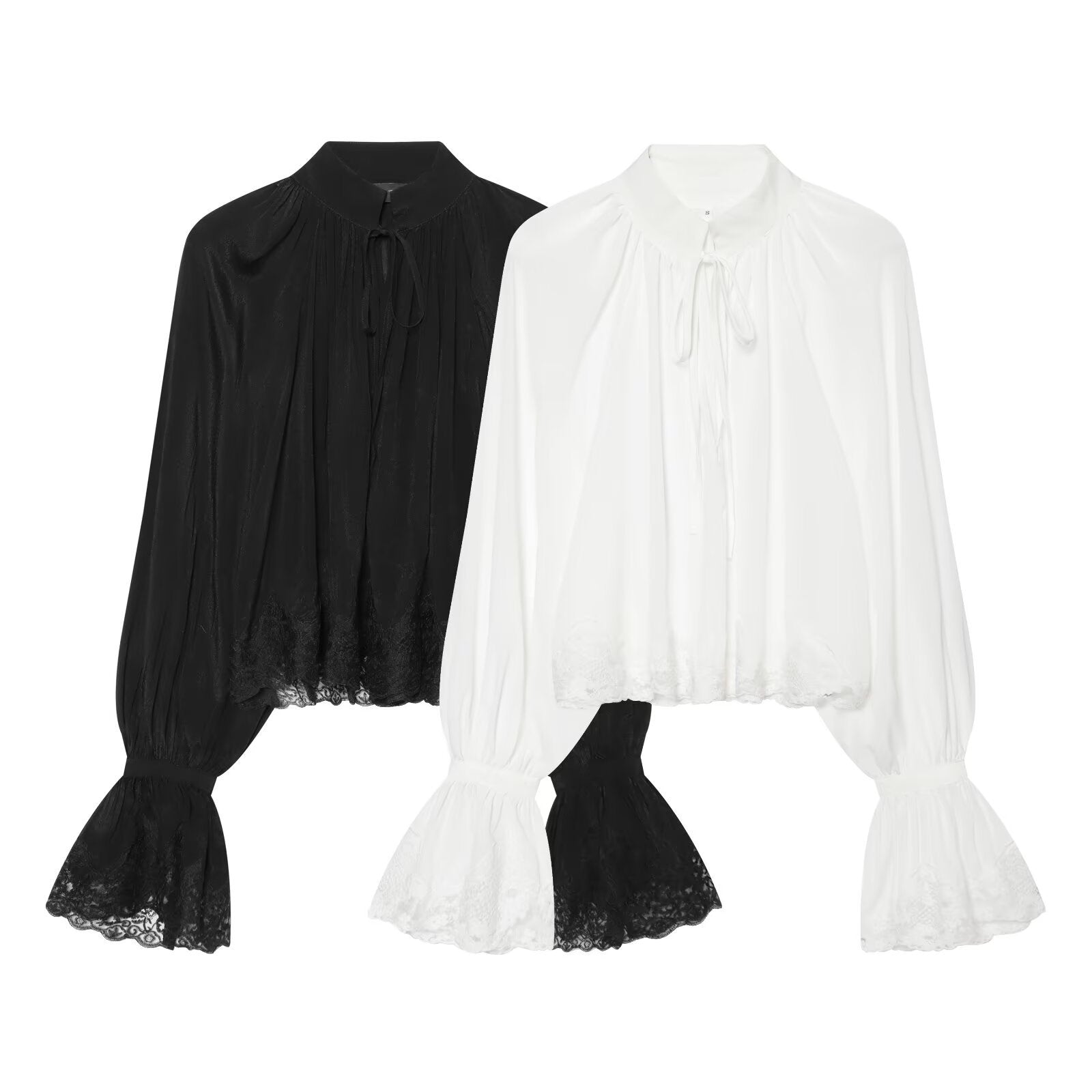 Women's Transparent Blouse with Stand Collar, Ruffle Sleeves and Lace Trim Chichicherry