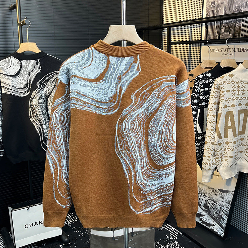 Herren Grobgestrickter Rundhalspullover mit abstraktem Marmor-Jacquard Chichicherry