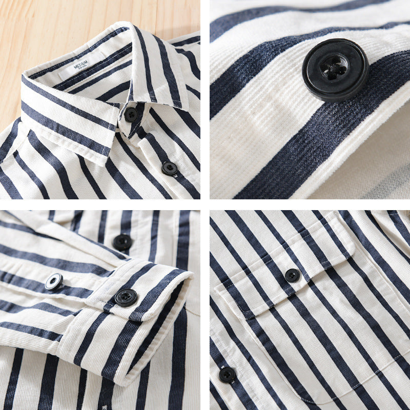 Men's shirt jacket with vertical stripes, patch chest pockets, and lightweight cotton texture Chichicherry
