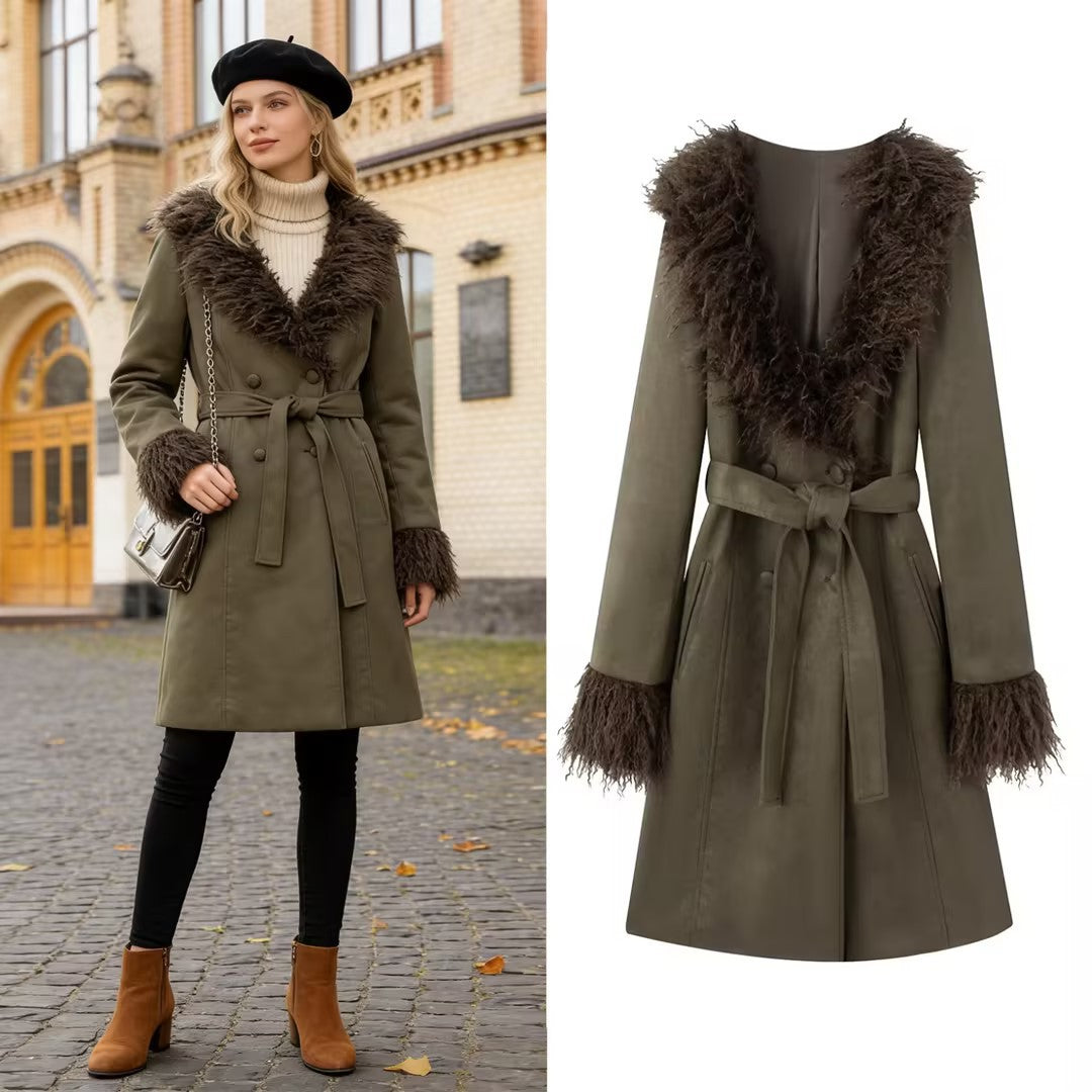 Women Long Coat in Lambskin Look with Tied Belt and Fur Collar Chichicherry