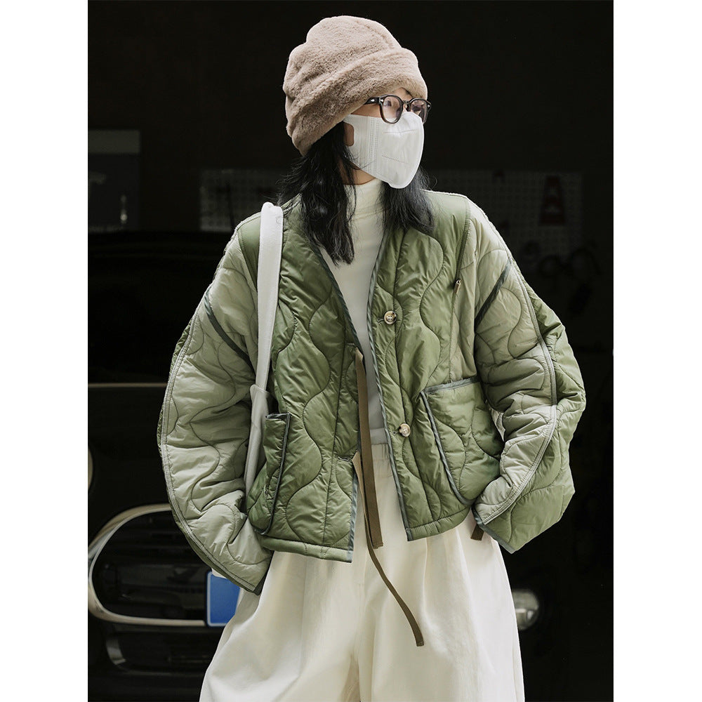 Women Short Cut Quilted Bomber Jacket with Light Padding Chichicherry