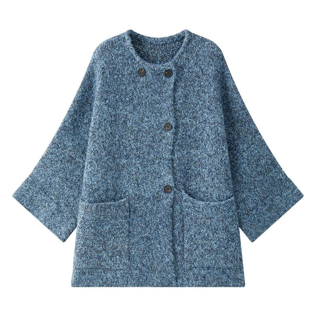 Women's short jacket in mohair look with round neck, button placket, and patch pockets Chichicherry