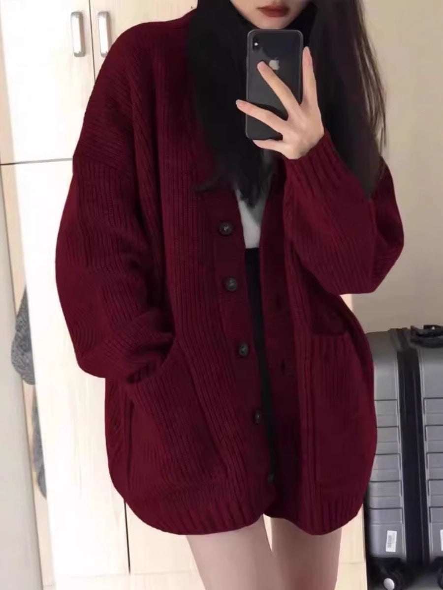 Women's Oversize Knitted Cardigan with Patch Pockets and Full Button Placket Chichicherry