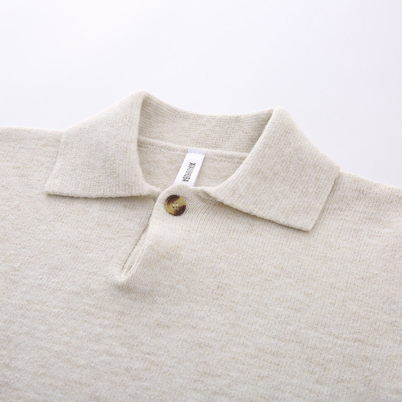 Damen Oversized Polokragen-Feinstrickpullover mit kurzem Schlitz und Zierknopf Chichicherry
