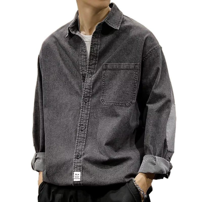 Herren Relaxed-Jeanshemdjacke im Vintage-Wash mit Ellbogen-Patches und aufgesetzter Brusttasche Chichicherry