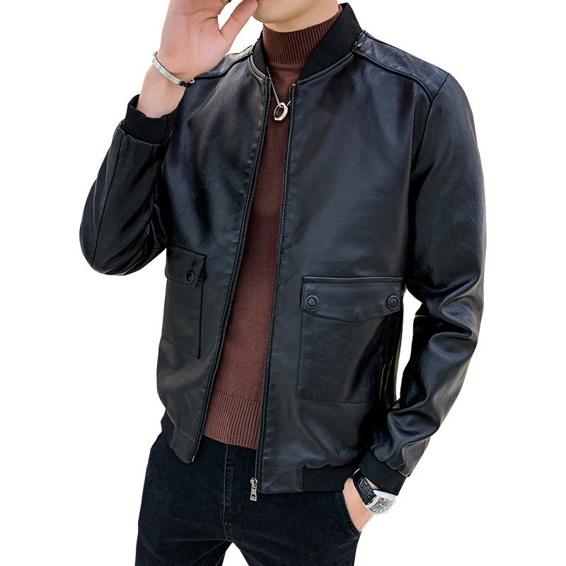 Men's Faux Leather Bomber Jacket in Aviator Minimal Style with Flap Pockets and Ribbed Cuffs Chichicherry