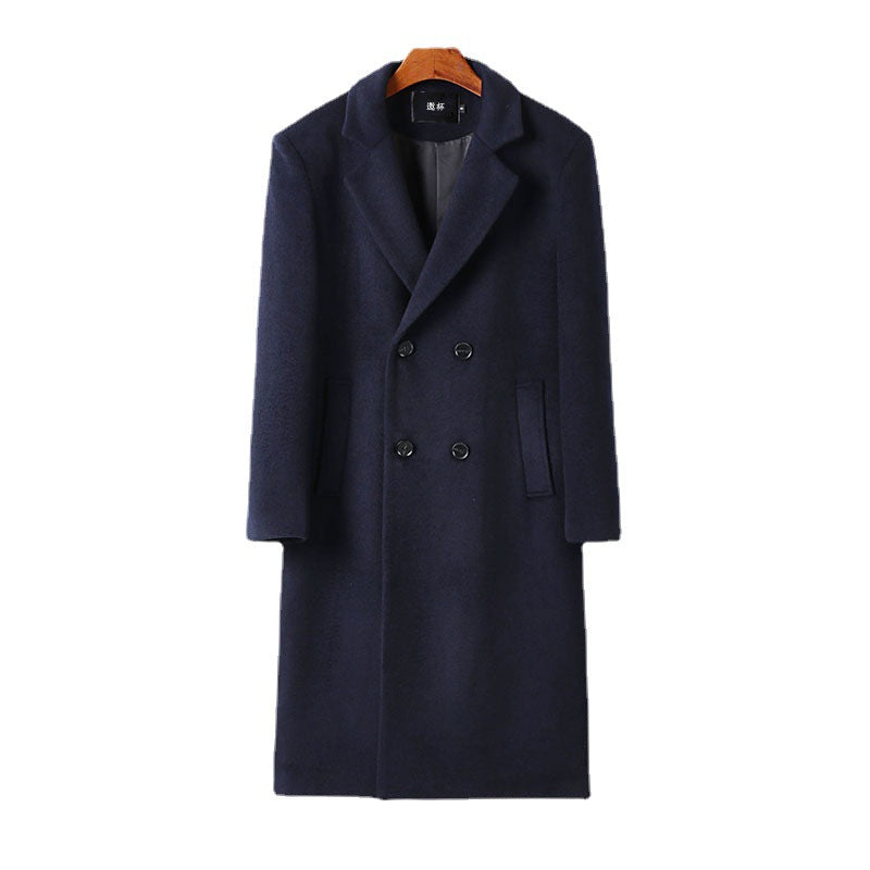 Men's Elegant Wool Blend Long Coat with Double-Breasted Front and Draped Lapel Chichicherry