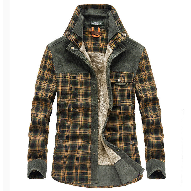 Men's checkered shirt jacket with teddy lining, corduroy trim and high stand-up collar Chichicherry