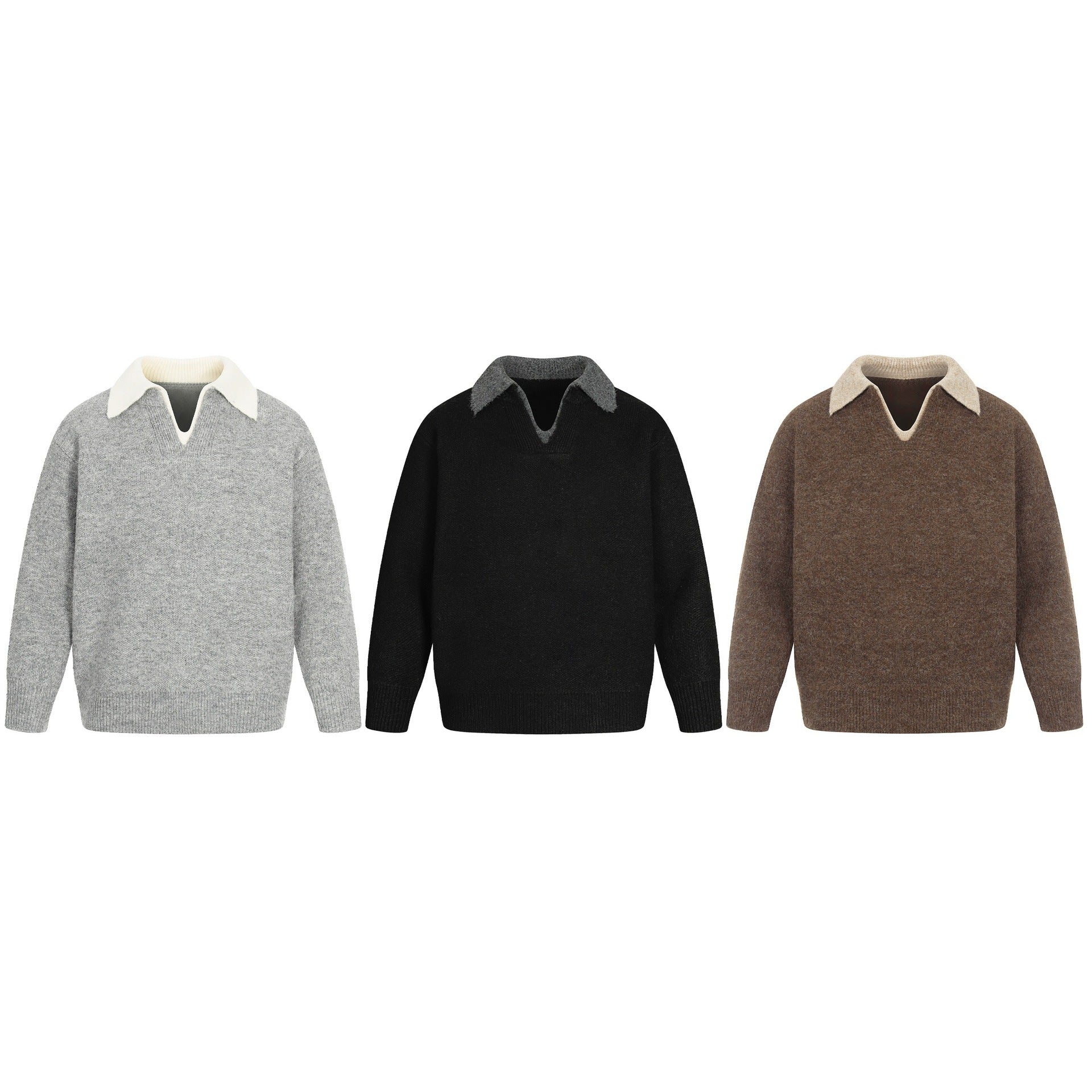 Women Oversize Wool Blend Sweater with Contrast Polo Collar and V-Neck Chichicherry