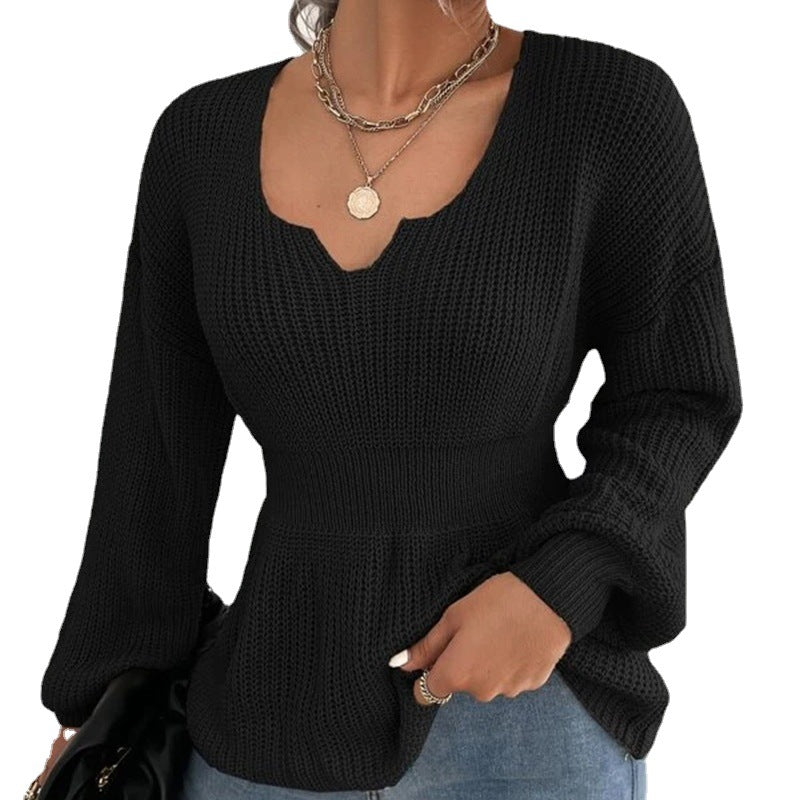Women's Tailored Fine Knit Sweater with Notched V-Neck, Waist-Emphasizing Ribbed Area, and Balloon Sleeves Chichicherry