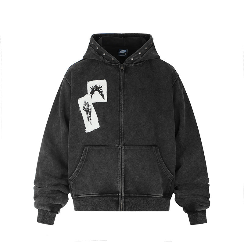 Men's hooded sweat jacket with vintage wash, oversized cut, patch print and studded accents Chichicherry