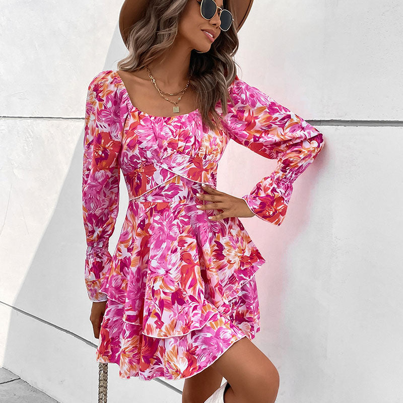 Women’s Floral Ruffled Skater Dress with Bardot Neckline, Waist Seam & Flounce Layers