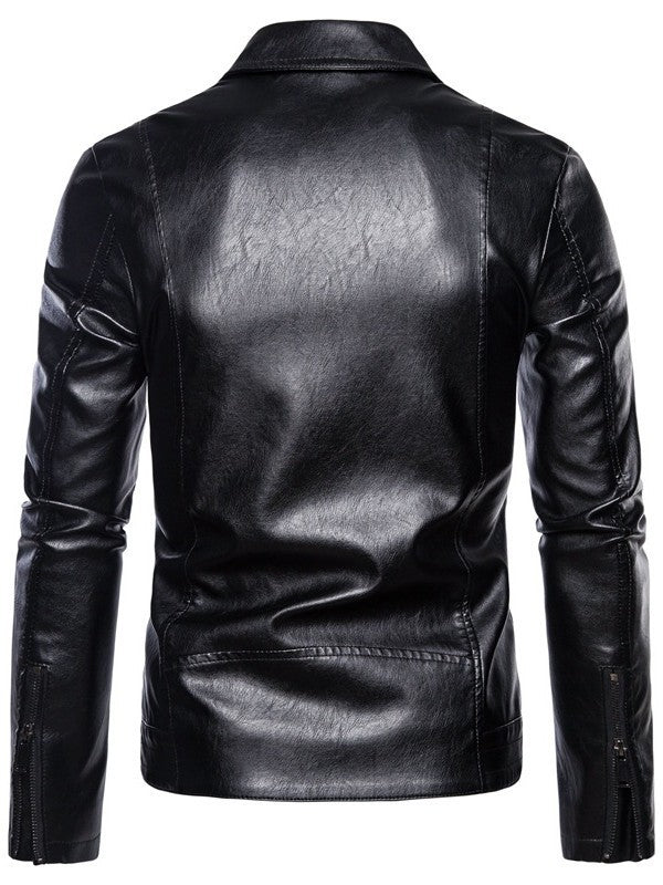 Men's Slim-Fit Biker Jacket in Leather Look with Asymmetrical Zipper and Notched Collar Chichicherry