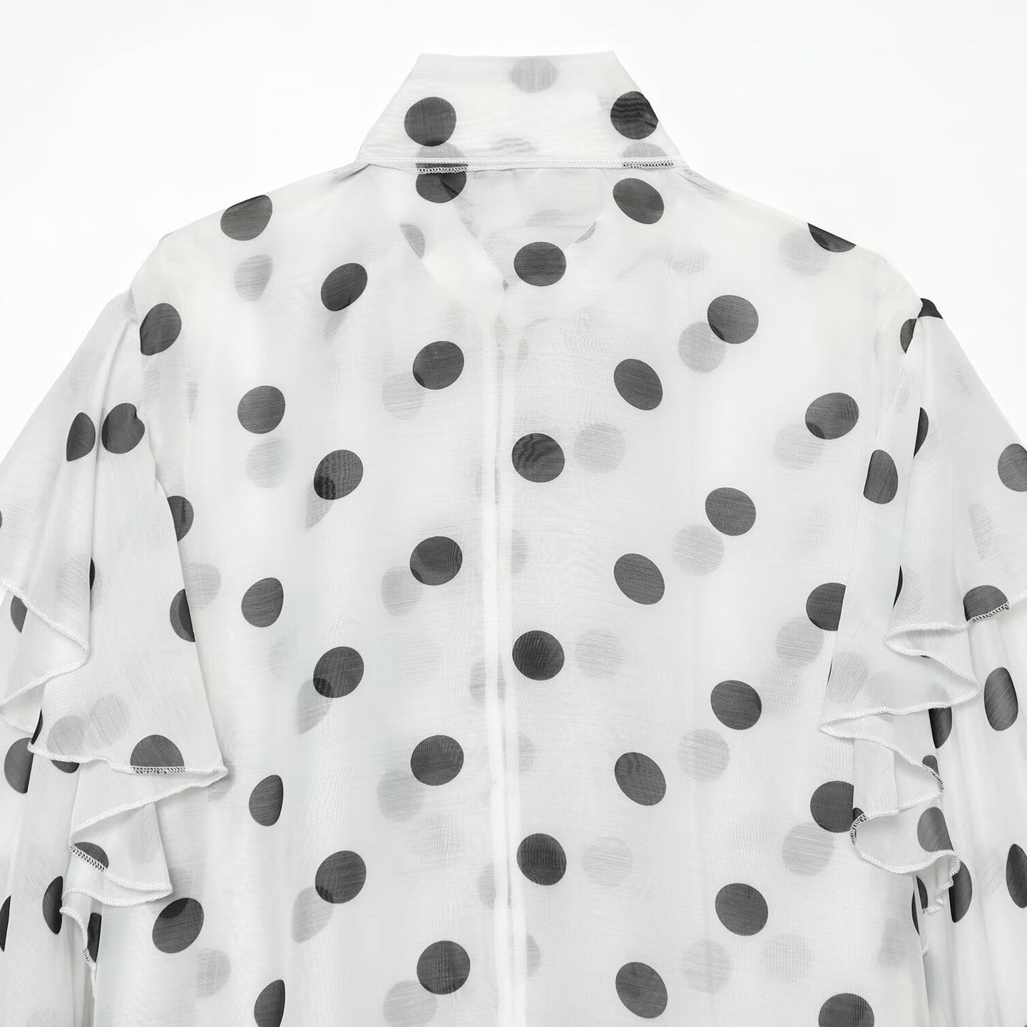 Women Transparent Polka Dot Chiffon Blouse with XXL Ruffles and Bow Collar Chichicherry