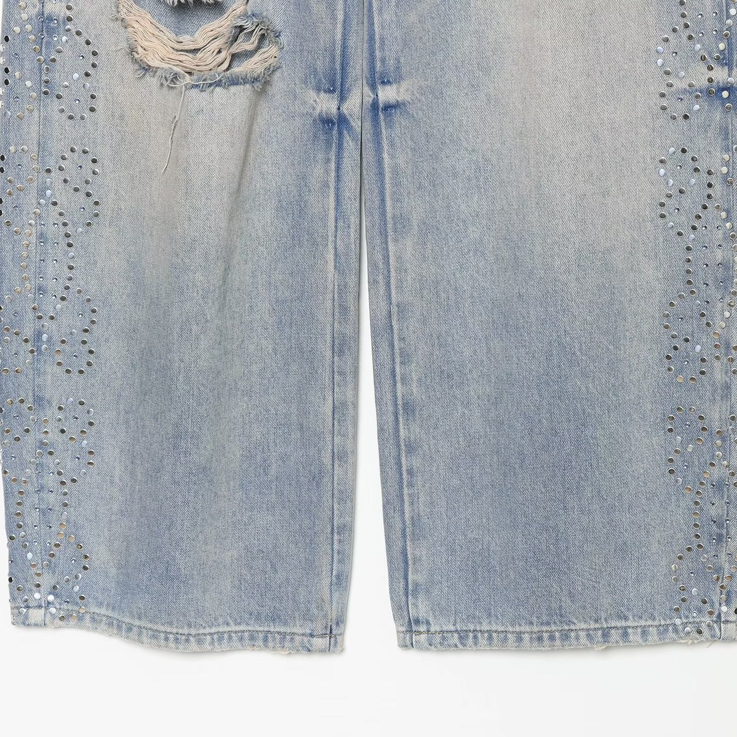 Women's jeans with a high waist, wide leg, rhinestone trim, and destroyed details Chichicherry