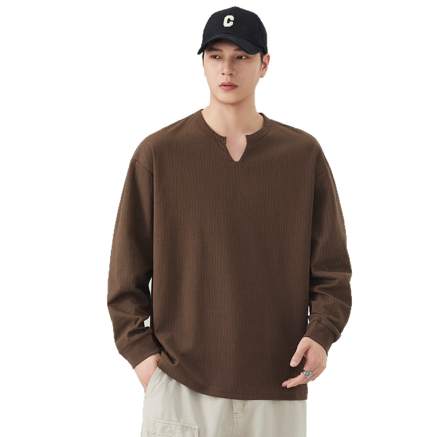 Men's Loose Long Sleeve Shirt with V-Notch Collar and Textured Cotton Blend Chichicherry