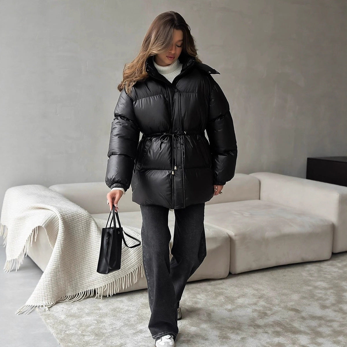 Damen gesteppte Steppjacke mit Taillenzug und Kapuze Chichicherry