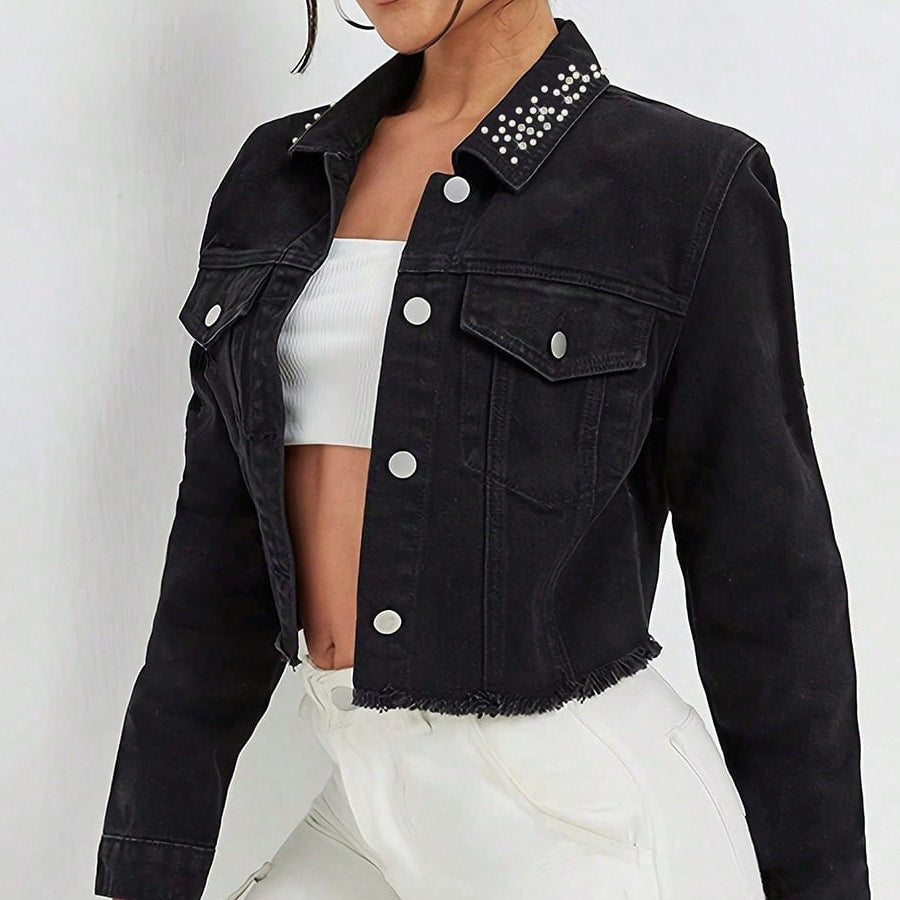 Women Cropped Denim Jacket with Beaded Collar and Raw Fringe Hem Chichicherry