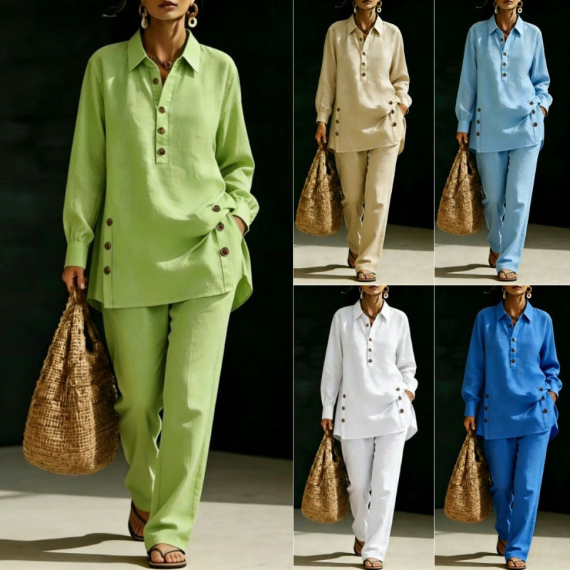 Women two-piece tunic set made of lightweight linen blend with shirt collar and side decorative buttons Chichicherry