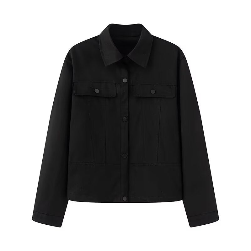 Women Short Cut Boxy Overshirt Jacket in Vegan Leather Look with Flap Pockets and Snap Button Closure Chichicherry