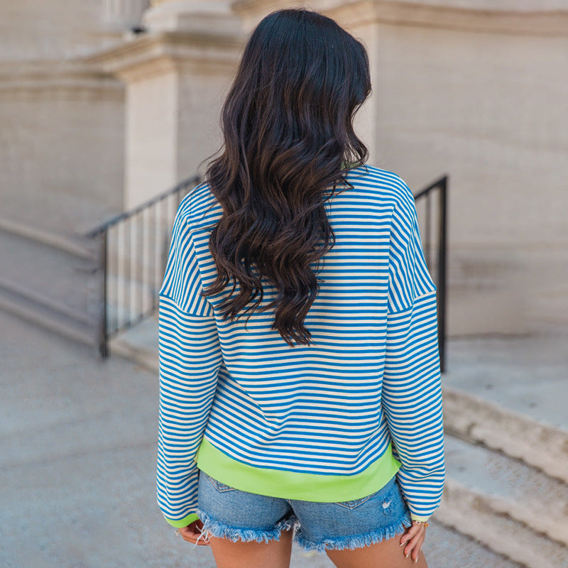 Women's Striped Oversize Long Sleeve Sweatshirt with Contrasted Hem and Dropped Shoulder Chichicherry