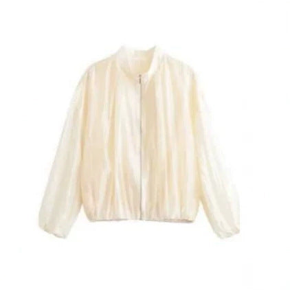 Women's Lightweight Transparent Satin Bomber Jacket with Stand Collar Chichicherry