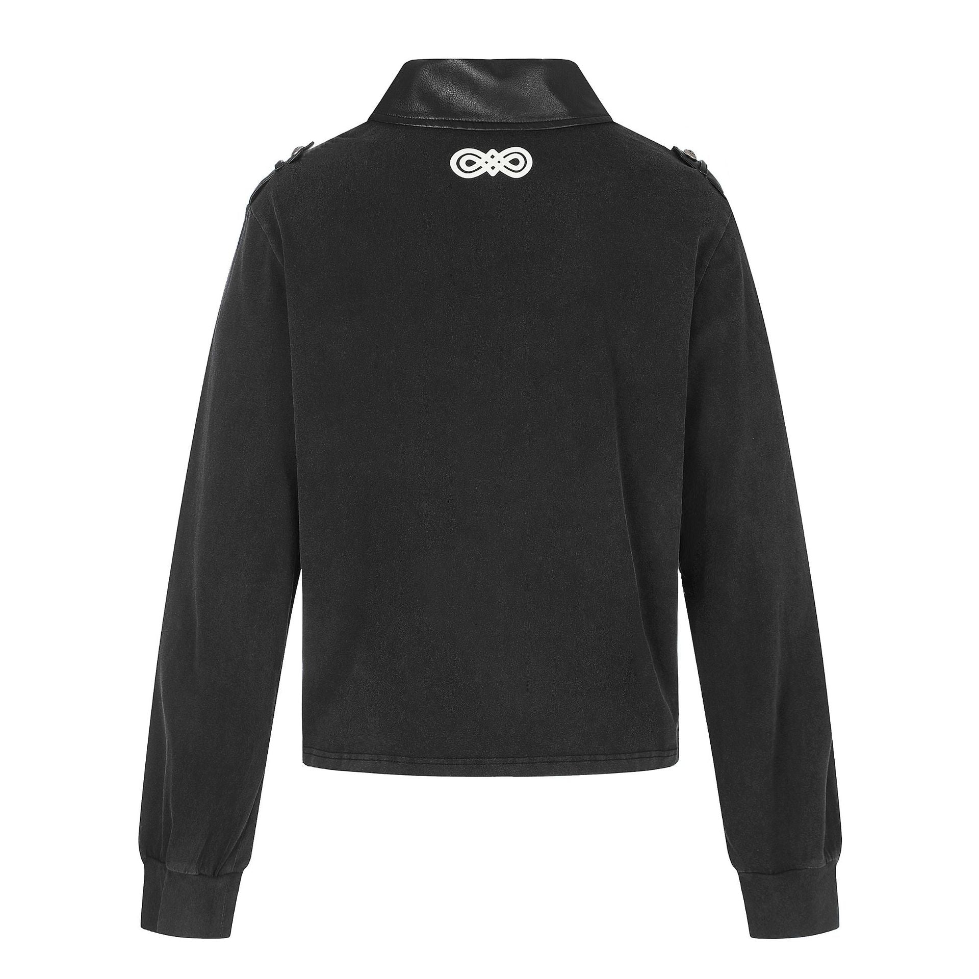 Women's polo sweatshirt in military style with decorative cord prints and leather collar Chichicherry