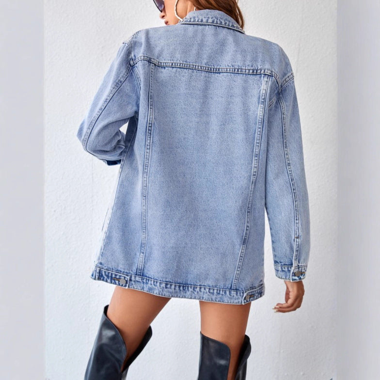 Ladies Pearl Detail Oversize Denim Jacket in Trucker Style Chichicherry