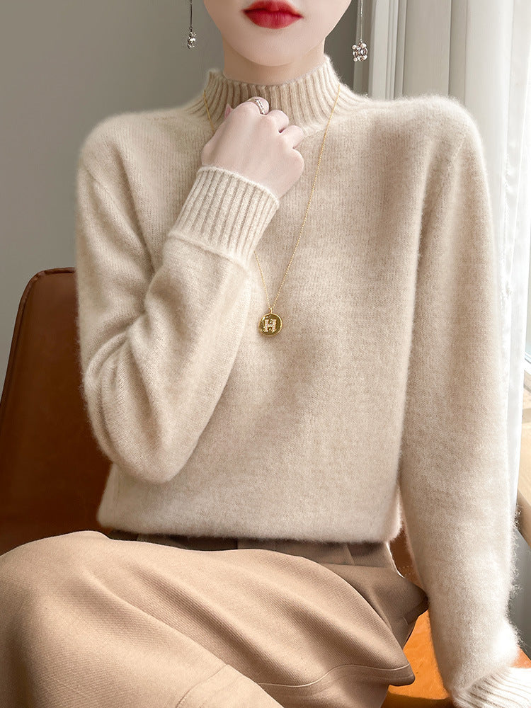 Women's Luxury Soft Midweight Mock Neck Sweater in Angora Look with Fine Rib and Relaxed Silhouette Chichicherry