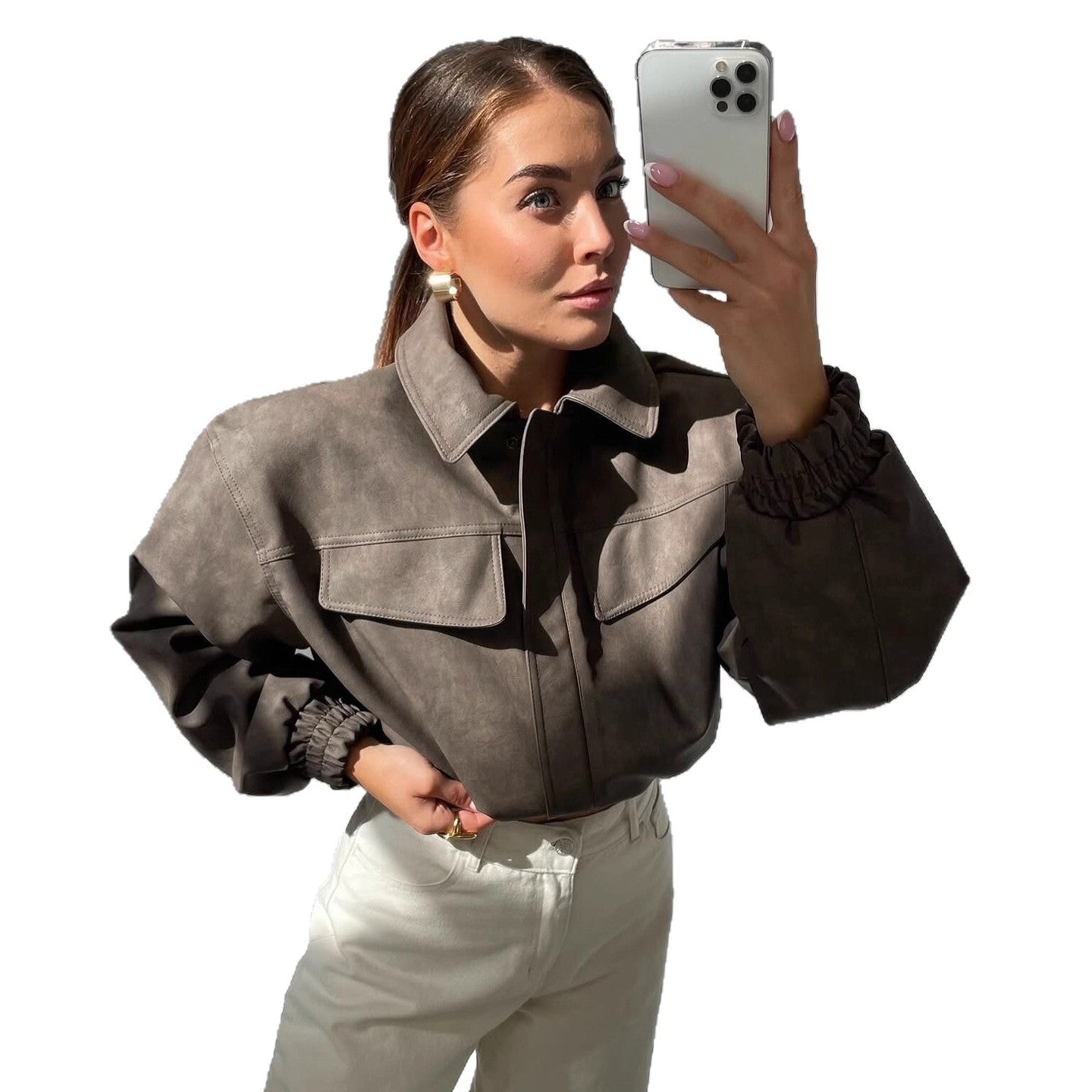 Damen Kurz geschnittene Kunstlederjacke mit aufgesetzten Brusttaschen Chichicherry